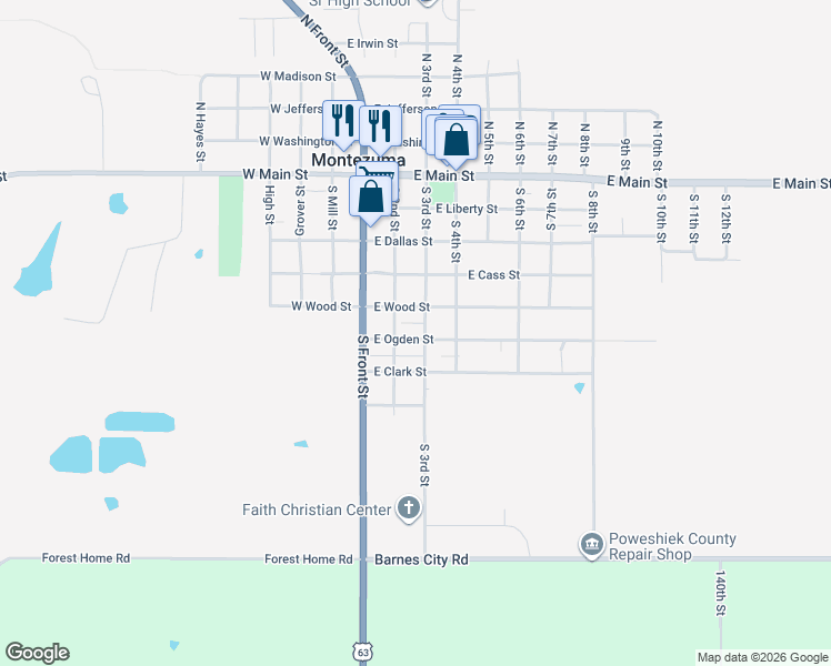 map of restaurants, bars, coffee shops, grocery stores, and more near 300-398 East Wood Street in Montezuma
