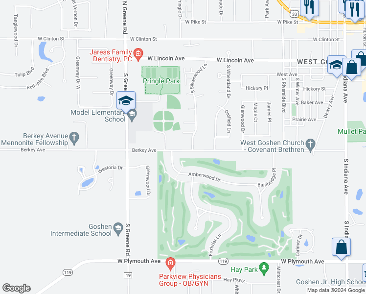 map of restaurants, bars, coffee shops, grocery stores, and more near 1825 Berkey Avenue in Goshen