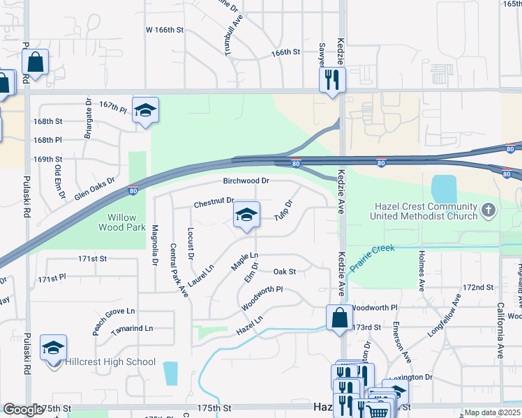map of restaurants, bars, coffee shops, grocery stores, and more near 3318 Chestnut Court in Hazel Crest