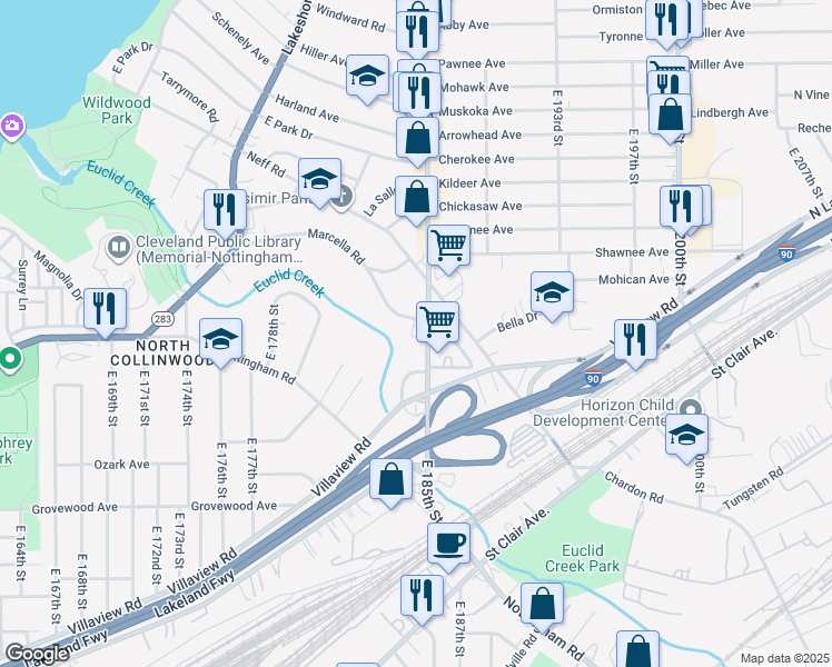 map of restaurants, bars, coffee shops, grocery stores, and more near 972 East 185th Street in Cleveland