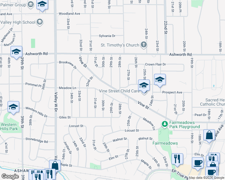 map of restaurants, bars, coffee shops, grocery stores, and more near 2907 Vine Street in West Des Moines