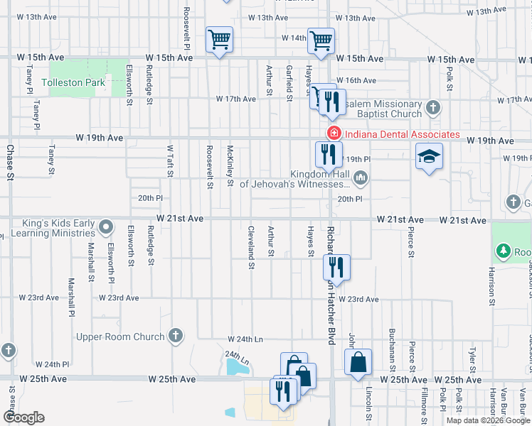 map of restaurants, bars, coffee shops, grocery stores, and more near 1848-1856 20th Place in Gary