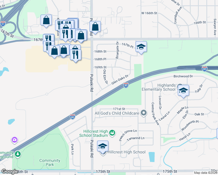 map of restaurants, bars, coffee shops, grocery stores, and more near 16949 Glen Oaks Drive in Country Club Hills