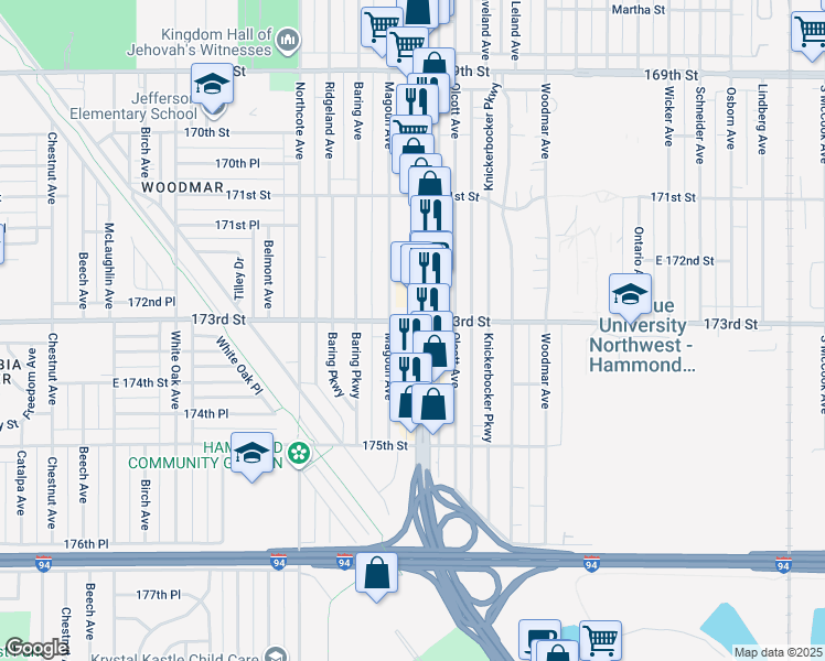 map of restaurants, bars, coffee shops, grocery stores, and more near 7306 Indianapolis Boulevard in Hammond