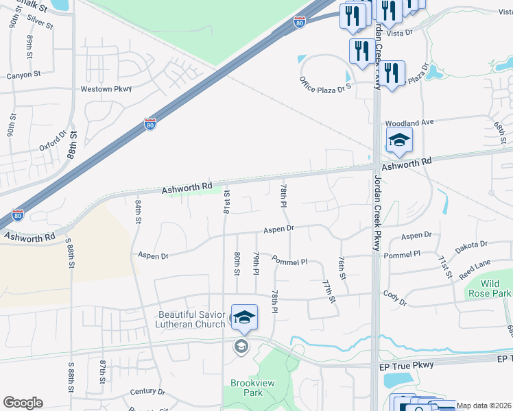 map of restaurants, bars, coffee shops, grocery stores, and more near 7920 Ashworth Road in West Des Moines