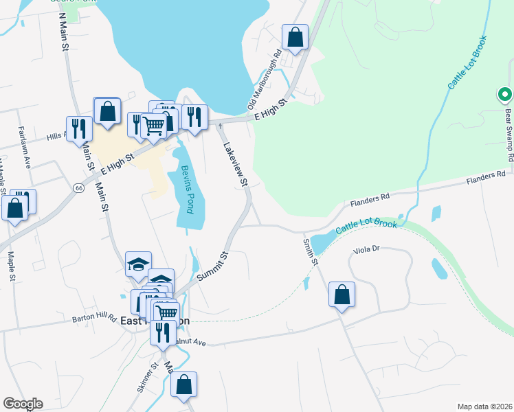 map of restaurants, bars, coffee shops, grocery stores, and more near 6 Lakeview Street in East Hampton