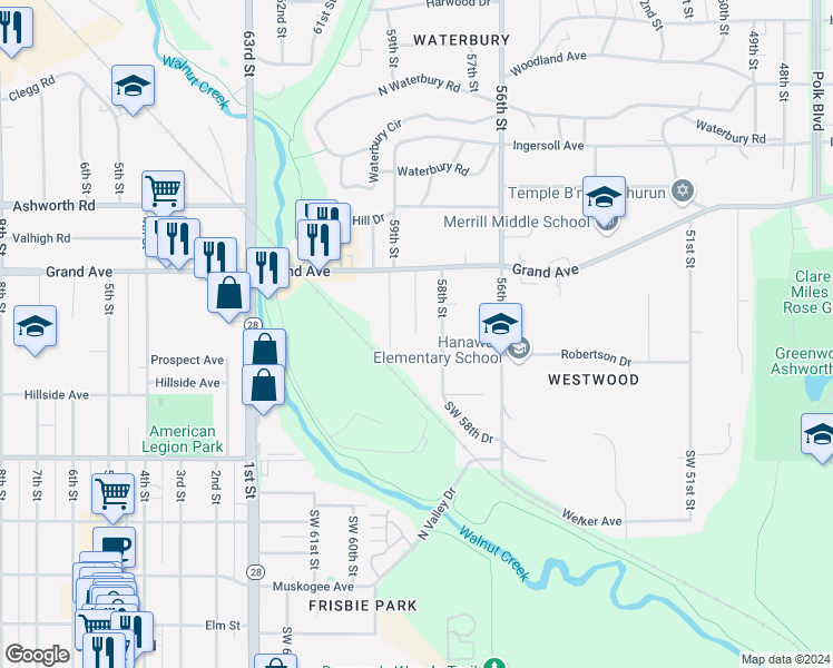 map of restaurants, bars, coffee shops, grocery stores, and more near 201 58th Place in Des Moines