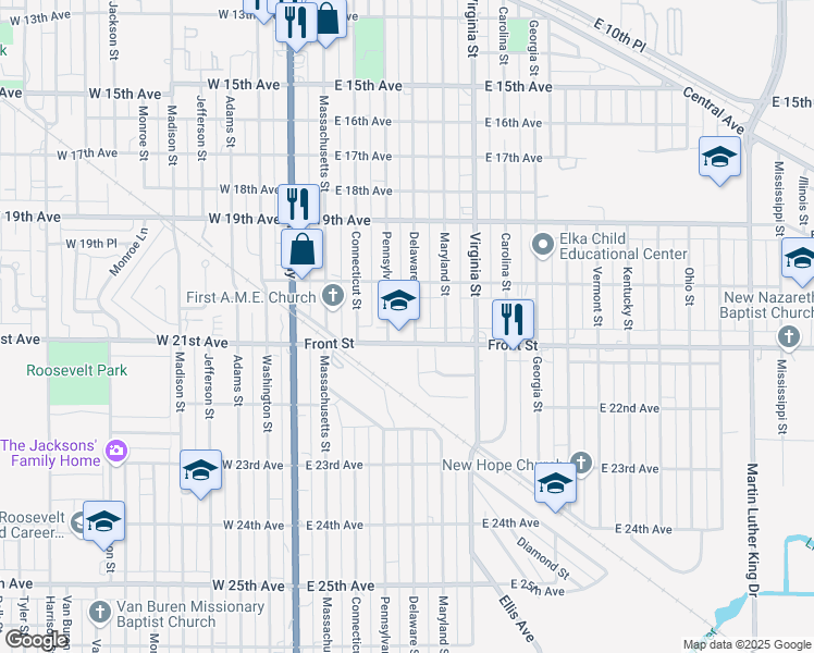 map of restaurants, bars, coffee shops, grocery stores, and more near 2064 Delaware Street in Gary