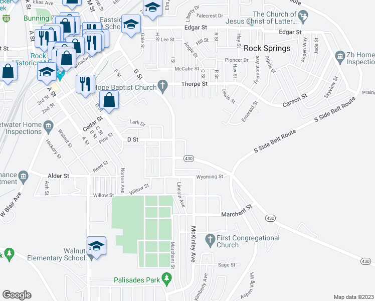 map of restaurants, bars, coffee shops, grocery stores, and more near 709 Pennsylvania Avenue in Rock Springs