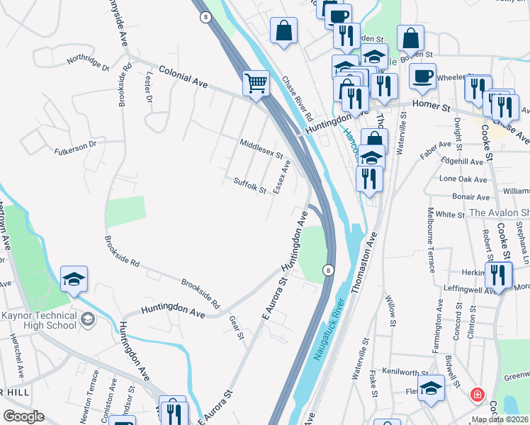 map of restaurants, bars, coffee shops, grocery stores, and more near 37 Essex Avenue in Waterbury