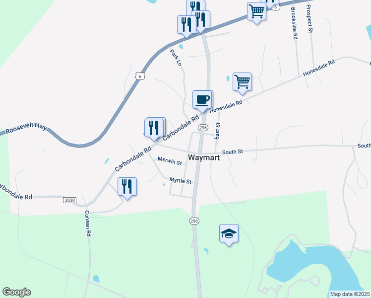 map of restaurants, bars, coffee shops, grocery stores, and more near 205 Water Street in Honesdale