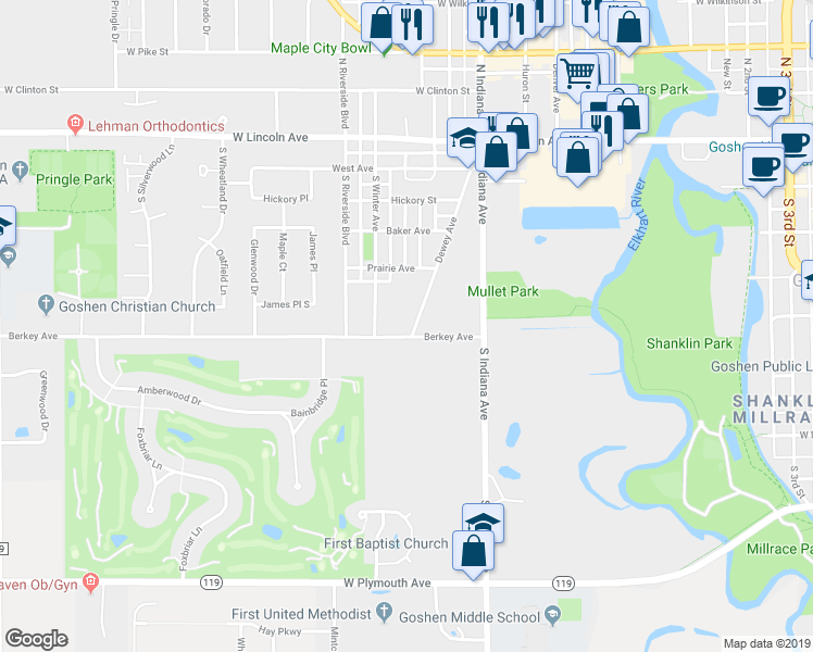 map of restaurants, bars, coffee shops, grocery stores, and more near 513 Dewey Avenue in Goshen
