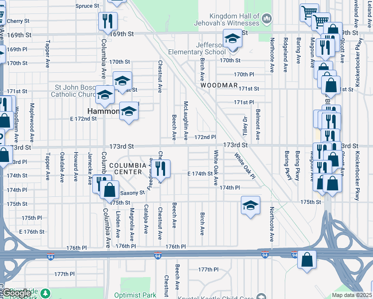 map of restaurants, bars, coffee shops, grocery stores, and more near 1439 173rd Street in Hammond
