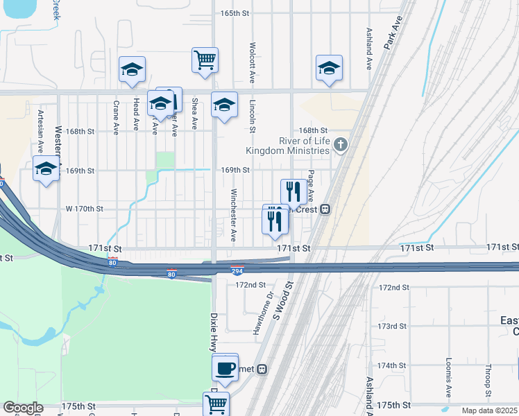map of restaurants, bars, coffee shops, grocery stores, and more near 16955 Lincoln Street in Hazel Crest