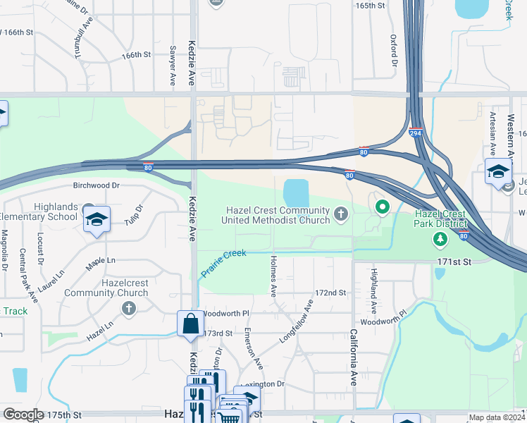 map of restaurants, bars, coffee shops, grocery stores, and more near 16910 Novak Drive in Hazel Crest