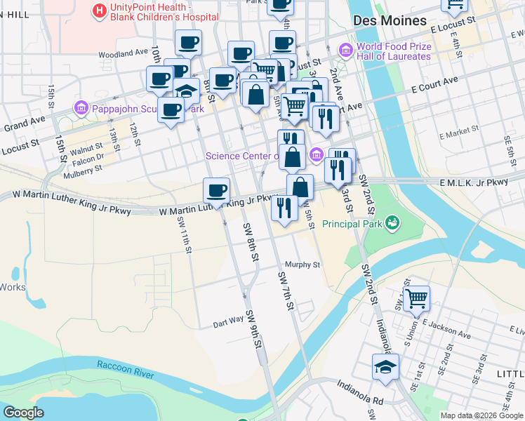 map of restaurants, bars, coffee shops, grocery stores, and more near in Des Moines