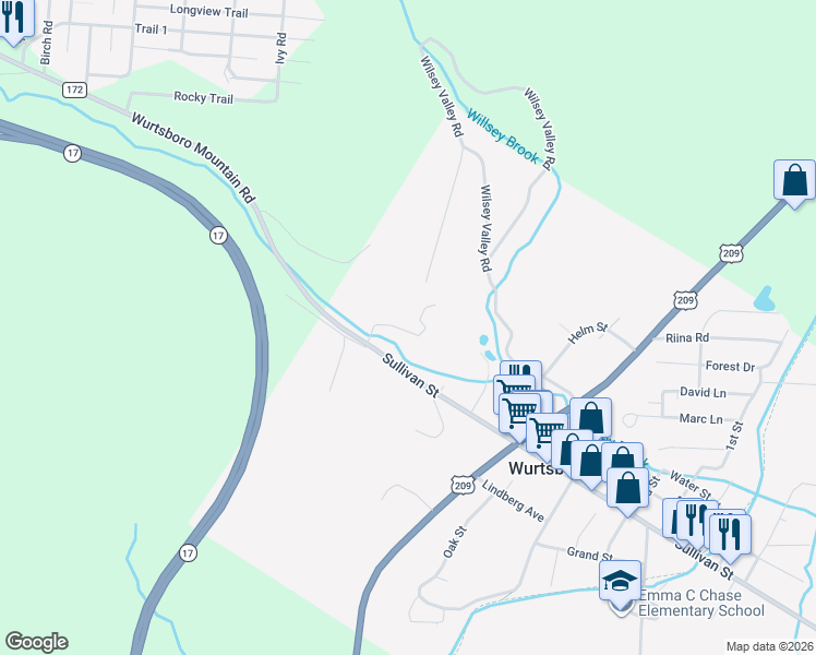 map of restaurants, bars, coffee shops, grocery stores, and more near 15 Schultz Lane in Wurtsboro