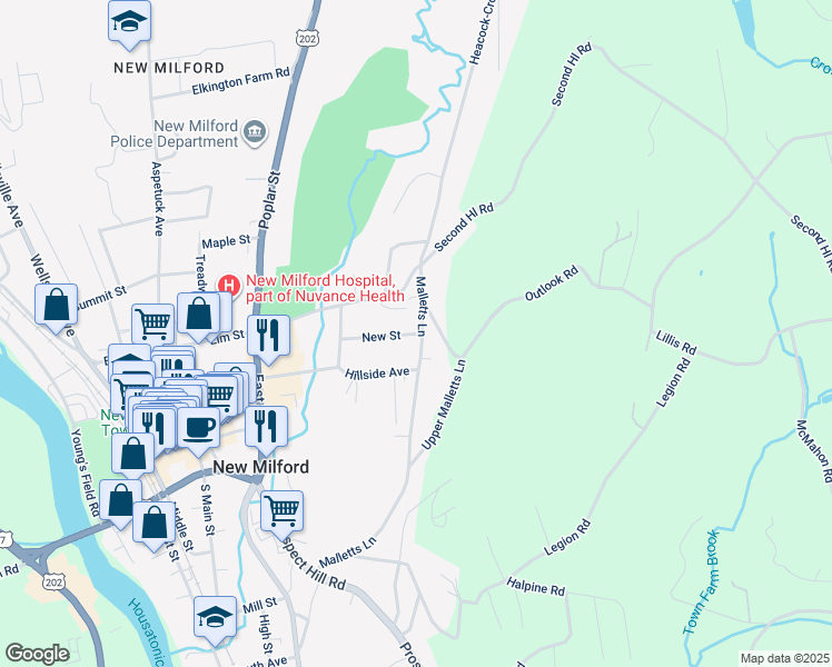 map of restaurants, bars, coffee shops, grocery stores, and more near 41 New Street in New Milford