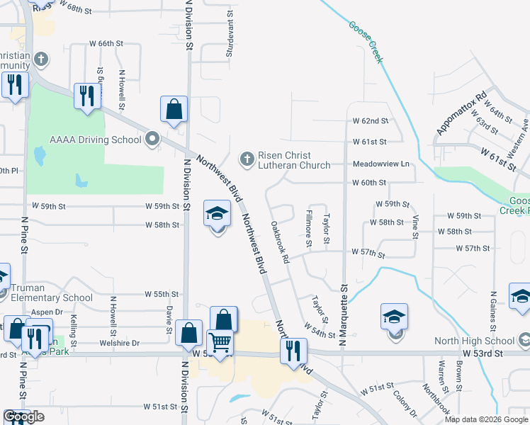 map of restaurants, bars, coffee shops, grocery stores, and more near 5911-5953 Oakbrook Road in Davenport