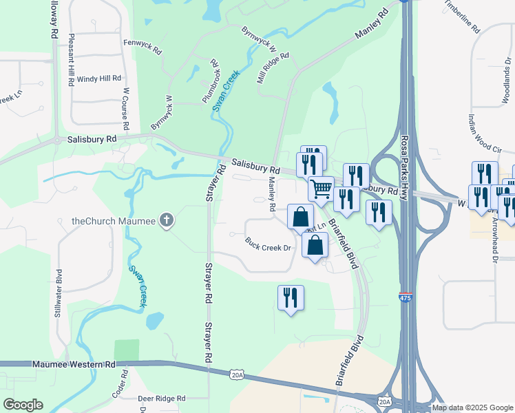 map of restaurants, bars, coffee shops, grocery stores, and more near 6638 Echo Valley in Maumee