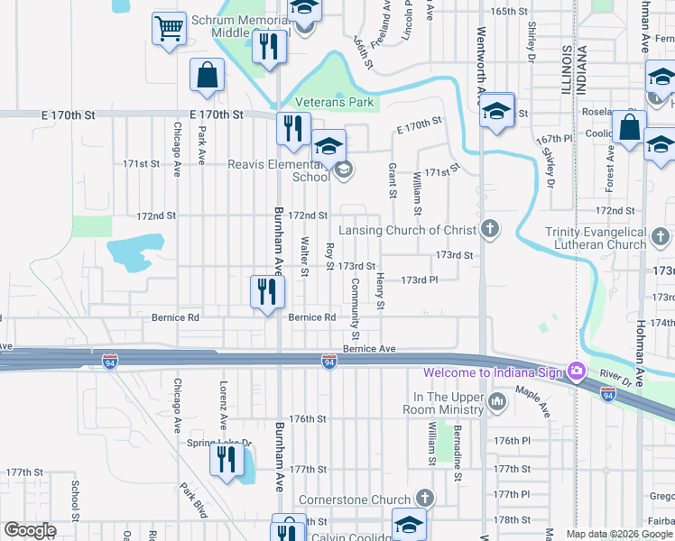 map of restaurants, bars, coffee shops, grocery stores, and more near 17247 Roy Street in Lansing