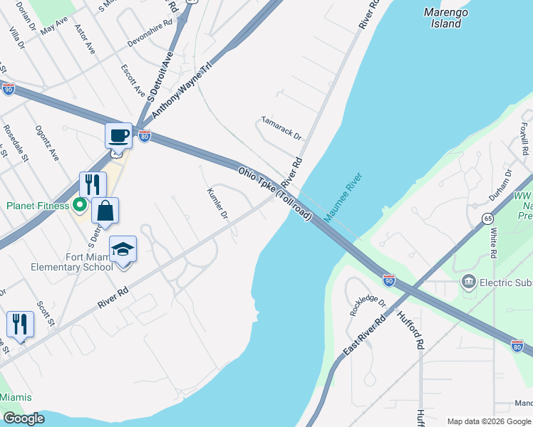 map of restaurants, bars, coffee shops, grocery stores, and more near 2922 River Road in Maumee