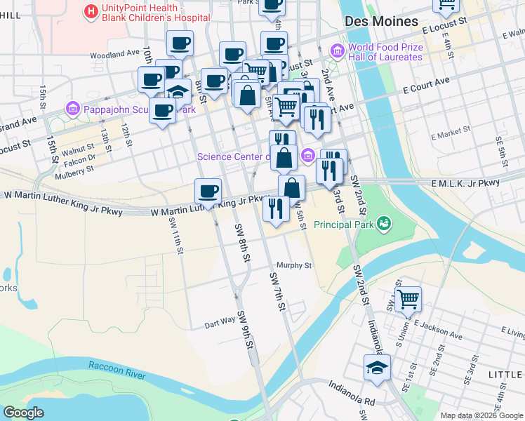 map of restaurants, bars, coffee shops, grocery stores, and more near 301 Southwest 7th Street in Des Moines