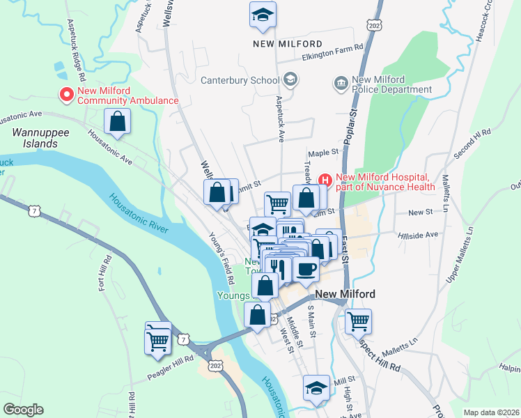 map of restaurants, bars, coffee shops, grocery stores, and more near 12 Terrace Place in New Milford