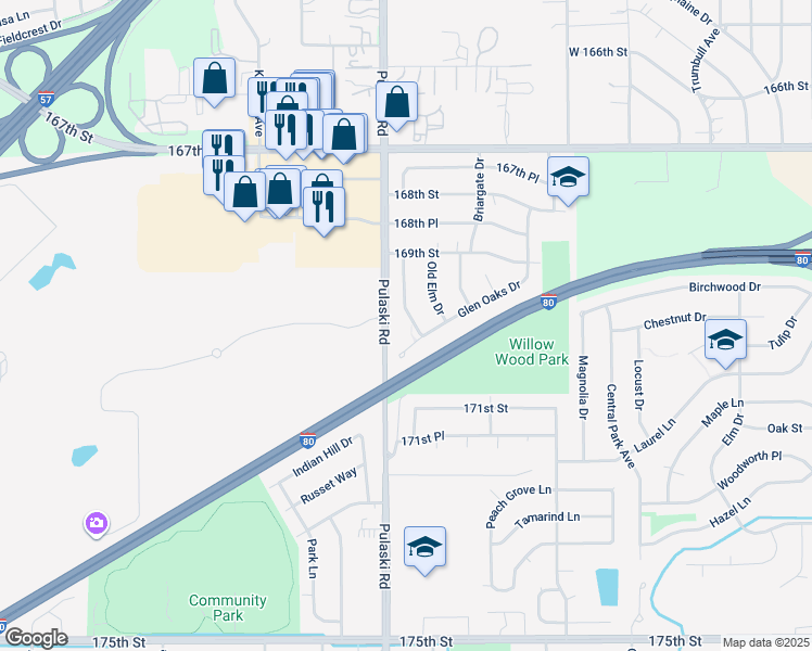 map of restaurants, bars, coffee shops, grocery stores, and more near 16956 Sunset Ridge Drive in Country Club Hills