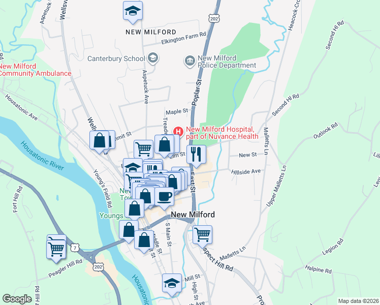 map of restaurants, bars, coffee shops, grocery stores, and more near 48 Elm Street in New Milford