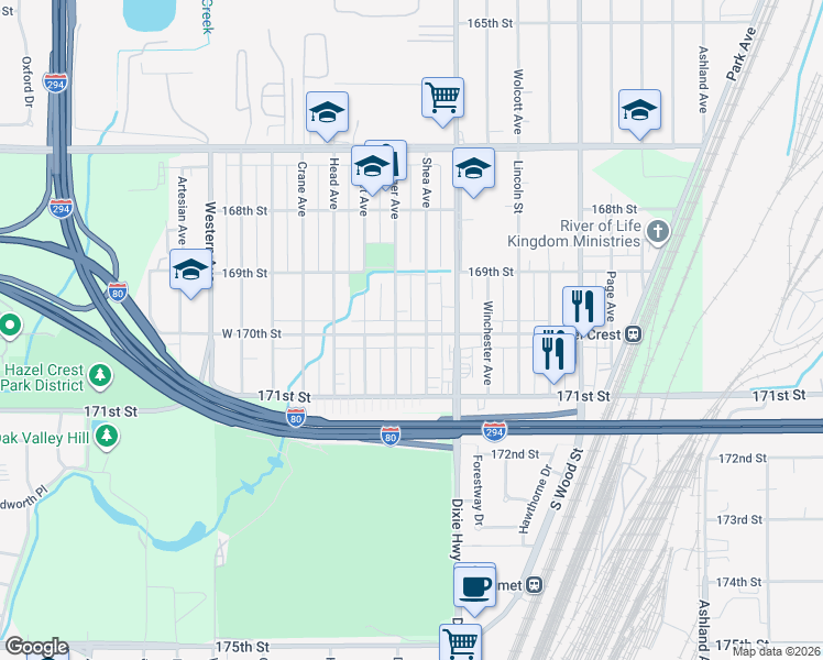 map of restaurants, bars, coffee shops, grocery stores, and more near 2030 West 170th Street in Hazel Crest