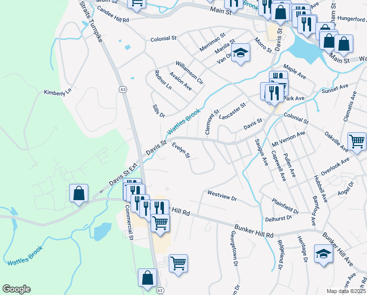 map of restaurants, bars, coffee shops, grocery stores, and more near 212 Evelyn Street in Watertown