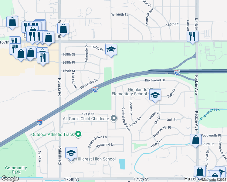map of restaurants, bars, coffee shops, grocery stores, and more near 17000 Magnolia Drive in Country Club Hills