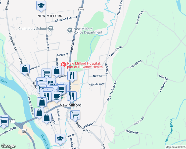 map of restaurants, bars, coffee shops, grocery stores, and more near 51 New Street in New Milford
