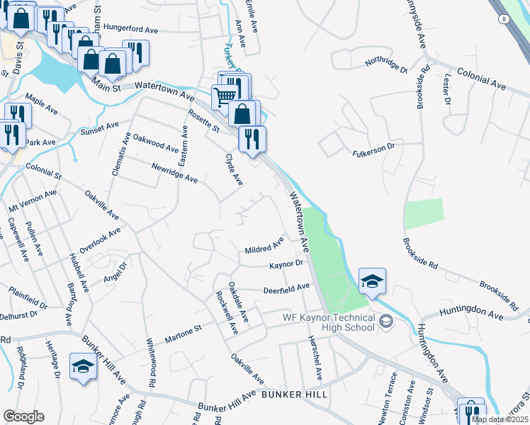 map of restaurants, bars, coffee shops, grocery stores, and more near 101 Madeline Avenue in Waterbury