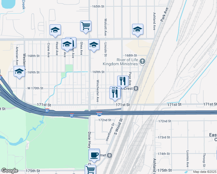 map of restaurants, bars, coffee shops, grocery stores, and more near 16955 Lincoln Street in Hazel Crest