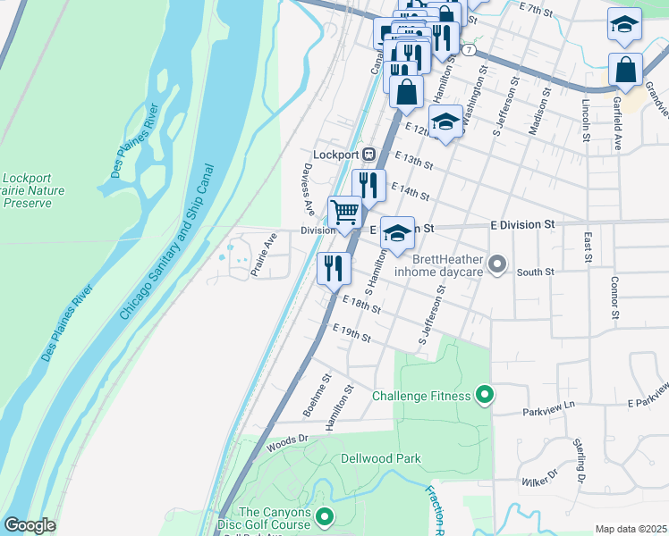 map of restaurants, bars, coffee shops, grocery stores, and more near 1637 South State Street in Lockport