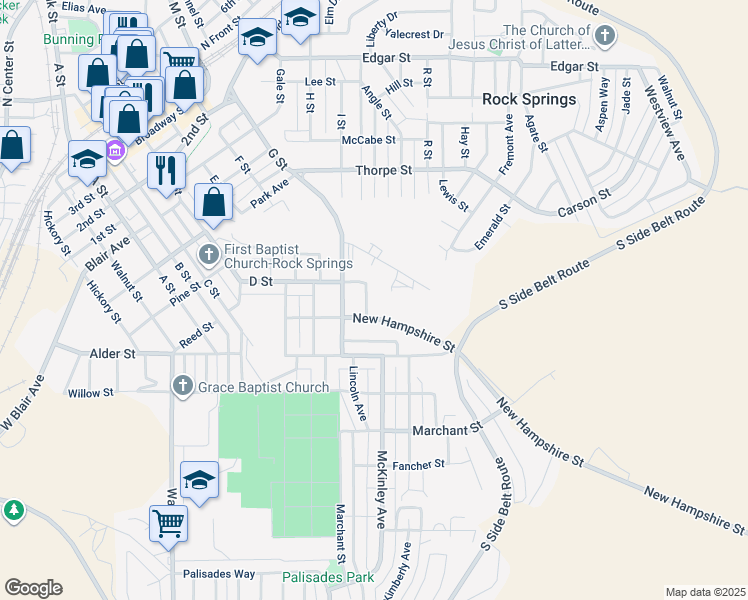 map of restaurants, bars, coffee shops, grocery stores, and more near 705 Pennsylvania Avenue in Rock Springs