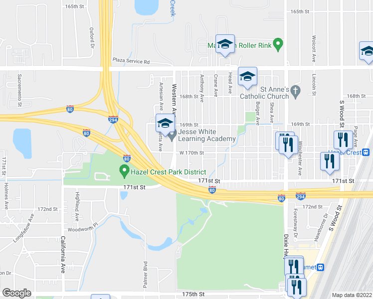 map of restaurants, bars, coffee shops, grocery stores, and more near 2322 170th Street in Hazel Crest