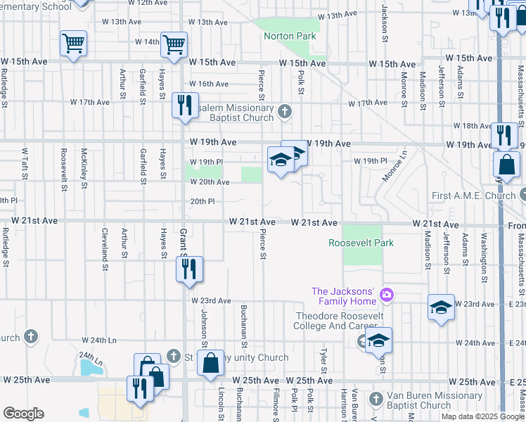 map of restaurants, bars, coffee shops, grocery stores, and more near 2050 Pierce Street in Gary