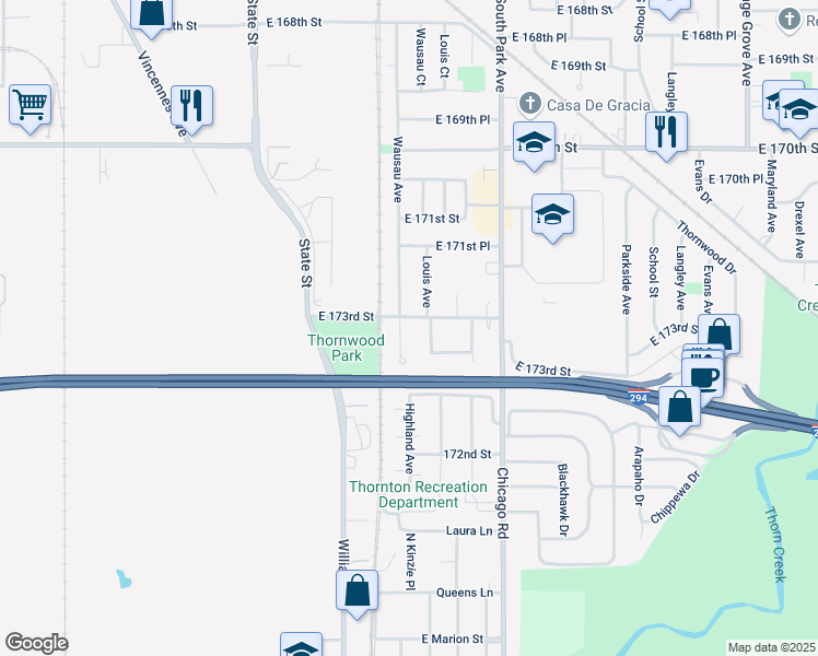 map of restaurants, bars, coffee shops, grocery stores, and more near 17240 Louis Avenue in South Holland