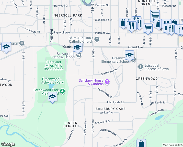 map of restaurants, bars, coffee shops, grocery stores, and more near 304 42nd Street in Des Moines