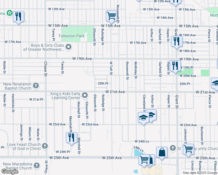 map of restaurants, bars, coffee shops, grocery stores, and more near 2301-2325 W 20th Pl in Gary