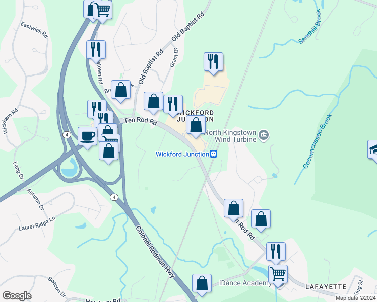 map of restaurants, bars, coffee shops, grocery stores, and more near 1010 10 Rod Road in North Kingstown