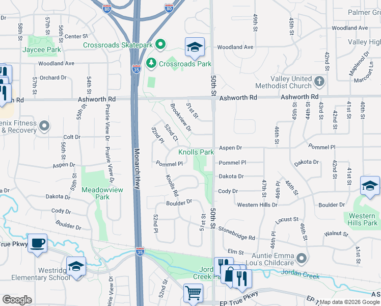 map of restaurants, bars, coffee shops, grocery stores, and more near 5109 Aspen Drive in West Des Moines