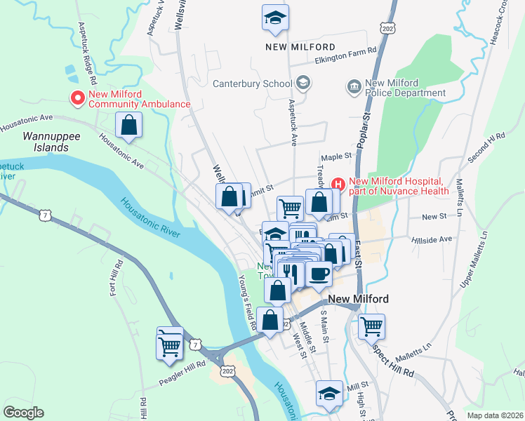 map of restaurants, bars, coffee shops, grocery stores, and more near 13 Terrace Place in New Milford