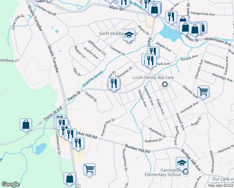 map of restaurants, bars, coffee shops, grocery stores, and more near 378 Davis Street in Watertown