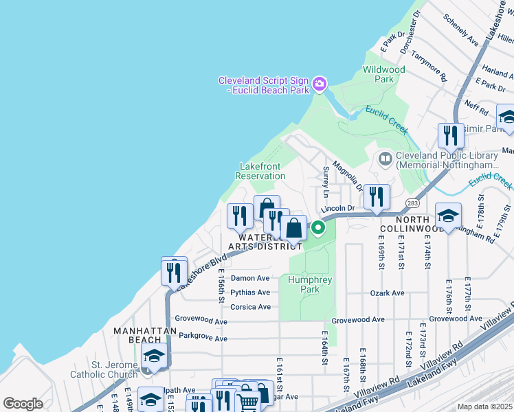 map of restaurants, bars, coffee shops, grocery stores, and more near 123 East 156th Street in Cleveland