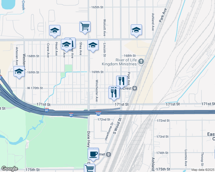 map of restaurants, bars, coffee shops, grocery stores, and more near 16955 Lincoln Street in Hazel Crest