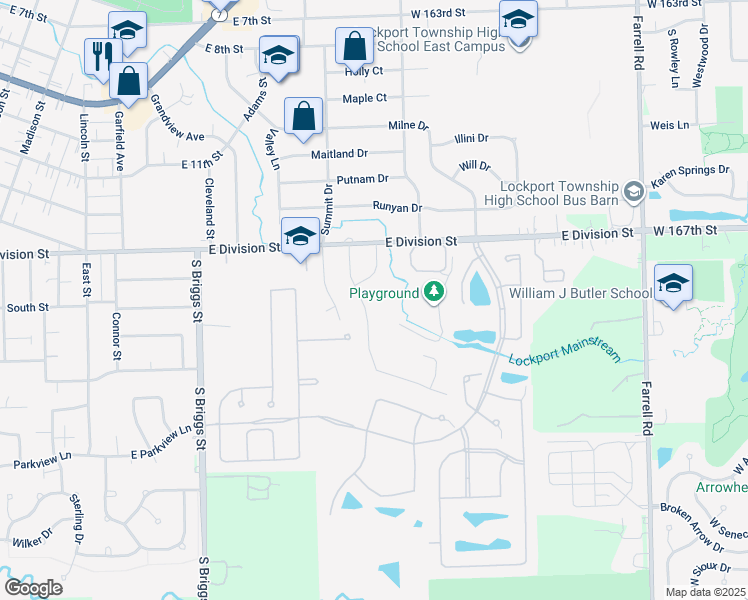 map of restaurants, bars, coffee shops, grocery stores, and more near 1502 Peachtree Ln in Lockport